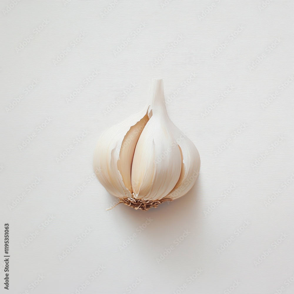 Poster Single clove of garlic on a smooth surface emphasizing its texture and shape during daylight
