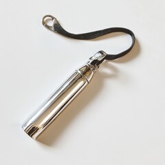 Shiny metallic whistle with lanyard resting on a plain surface, suitable for sports and outdoor activities