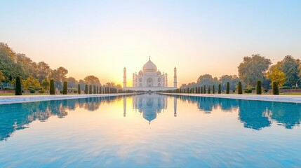 Obraz premium The serene beauty of the Taj Mahal at sunrise, reflecting on the tranquil water, surrounded by lush gardens, evoking a sense of peace and wonder.