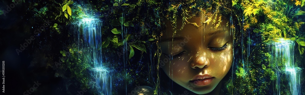 Poster serene expression of a child's face with nature elements and flowing water droplets