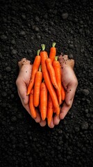 Farmers hands filled with freshly picked carrots, detailed soil textures, organic harvest concept