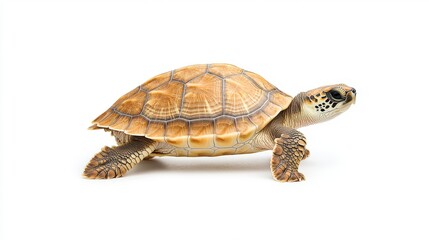 Fototapeta premium A beautiful tortoise showcasing its intricate shell patterns, resting gracefully against a plain white background, symbolizing slow and steady movement.