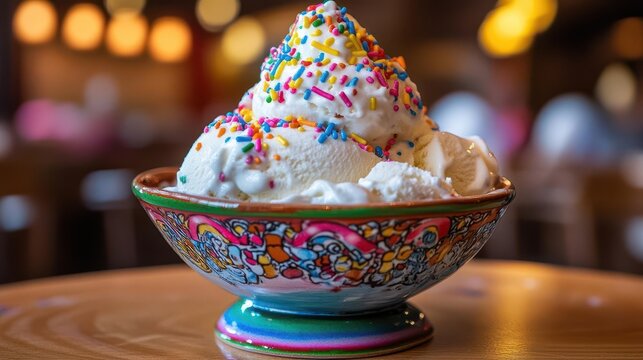 delicious ice cream dessert presented in a colorful dish, topped with whipped cream and vibrant sprinkles, enticing viewers with a sense of indulgence