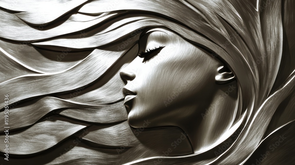 Poster serene portrait of a woman with flowing hair illuminated by gentle light in an artistic setting