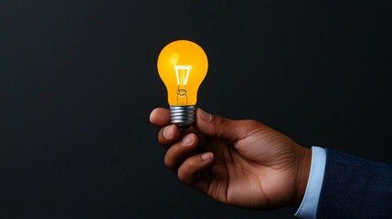 Illuminating Inspiration:  A hand in a blue suit holds aloft a glowing lightbulb, symbolizing  a bright idea.  The image evokes  a sense of  discovery, innovation.