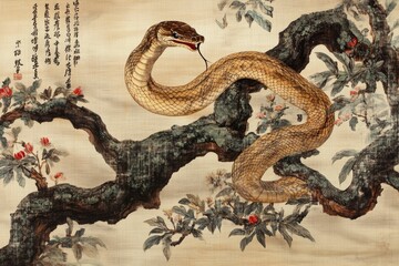 Obraz premium Beige canvas painting; snake coiled around flowering tree branch.