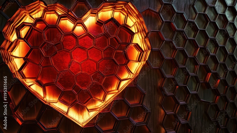 Poster high-fidelity digital art splitting heart in honeycomb pattern from hexagonal viewpoint