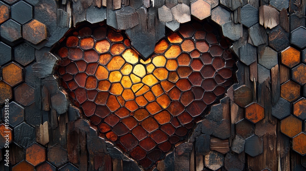 Poster abstract heart in honeycomb pattern high-fidelity hexagonal design with warm colors