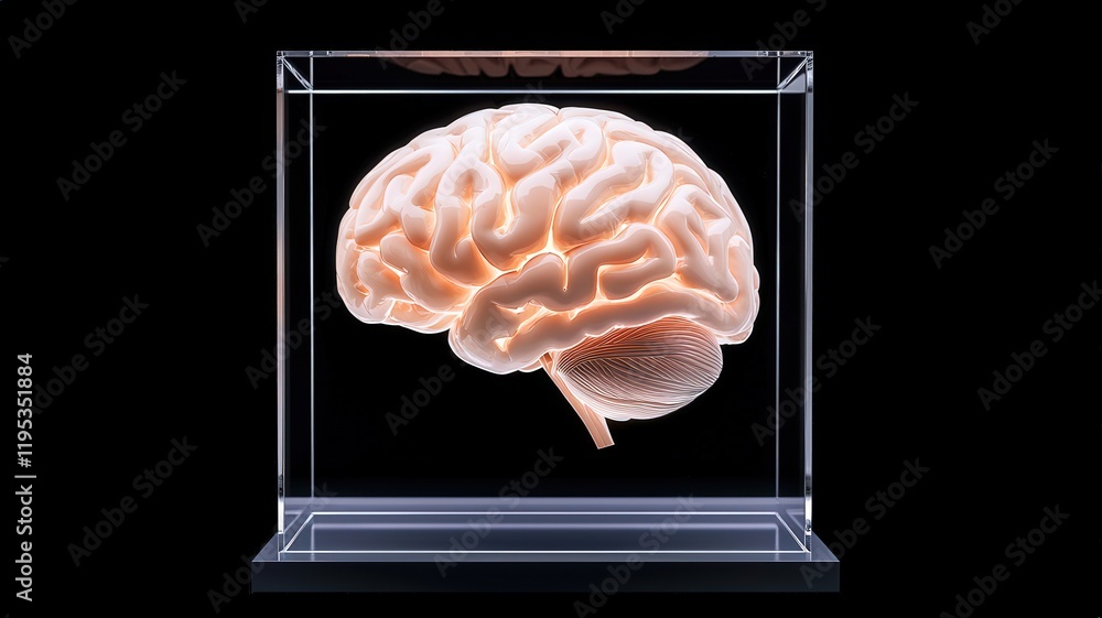 Poster a translucent brain is displayed in a glass case, highlighting its intricate structure and emphasizi