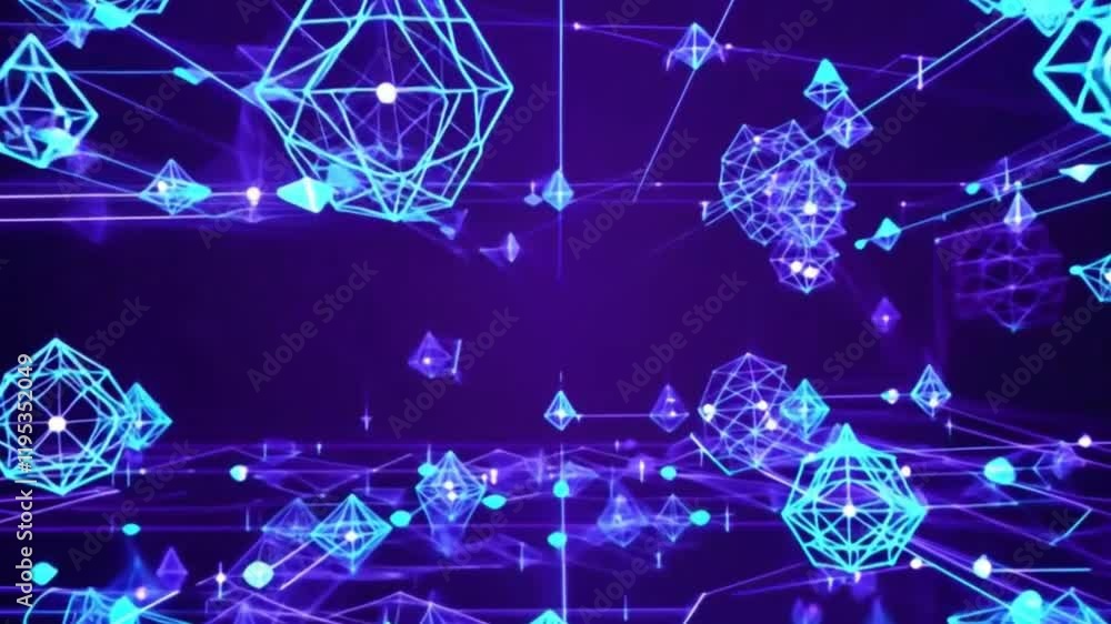 Poster futuristic network connections with glowing geometric shapes – neon blue and purple cyberpunk digita
