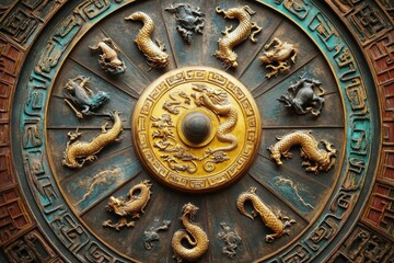 Naklejka premium Ornate circular carving; gold dragons, other creatures.