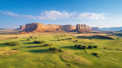 A breathtaking view of vast green plains and towering rock formations under a clear blue sky, showcasing nature's beauty and tranquility.
