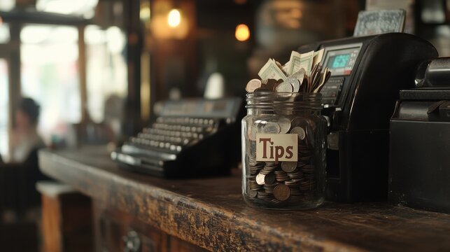 Jar of Tips Filled with Coins and Bills on a Restaurant Counter