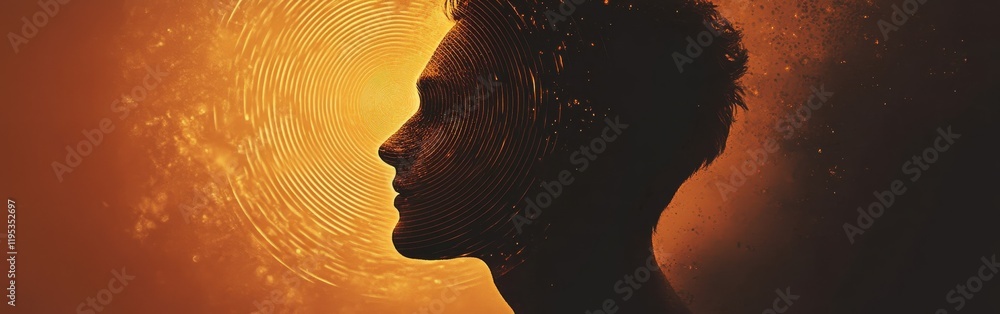 Poster mystical profile of a man illuminated by golden swirls at dusk, embodying creativity and introspecti