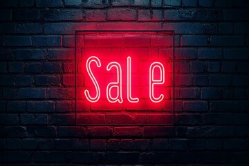 Sale, glowing red neon sign on a dark brick wall.