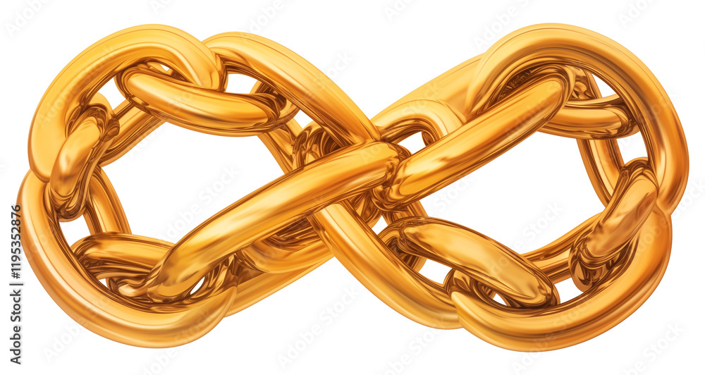 Poster golden infinity symbol made of interlinked chains, isolated on transparency background, representing