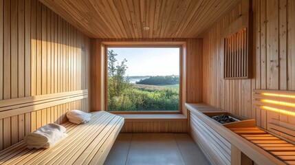 Modern sauna with infrared panels featuring a serene view of nature during sunrise