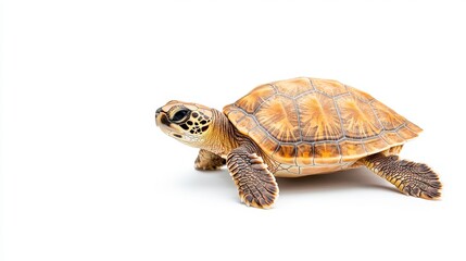 Obraz premium A close-up image of a beautiful turtle showcasing its unique shell patterns and features against a white background, perfect for nature-themed projects.