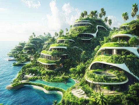 futuristic metropolis thriving on a tropical coast, rendered in vibrant green hues with eco-friendly architecture, embodying a vision of sustainability and advanced technology in a lush environment