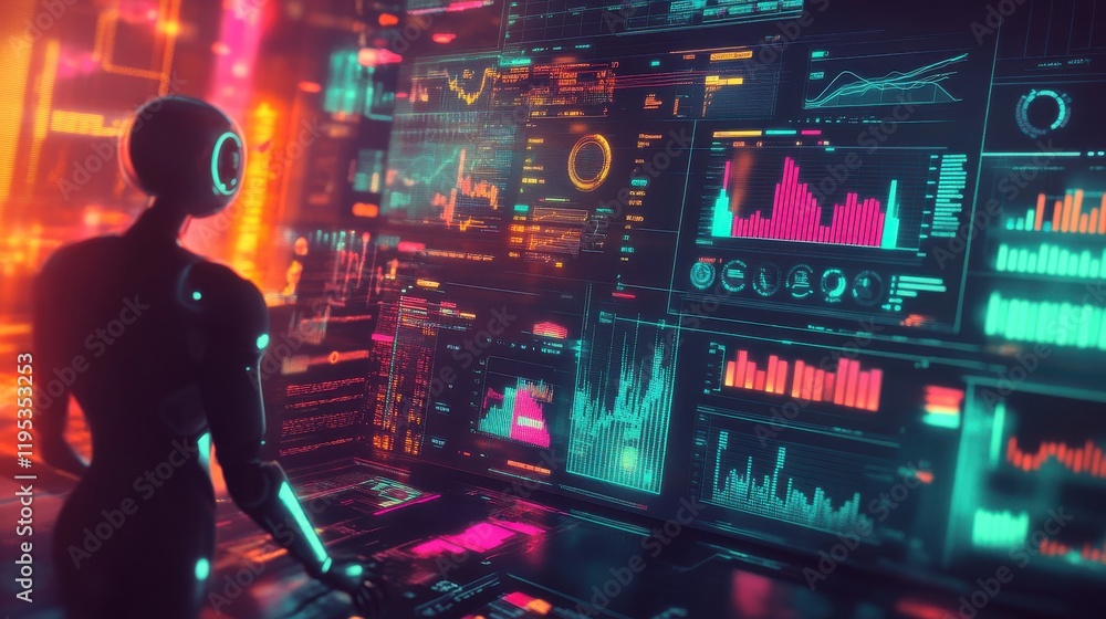 Poster glowing ai-powered robot analyzes data in a high-tech environment with vibrant visuals and interacti