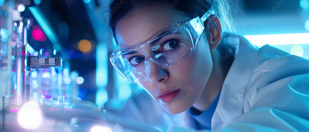 Poster focused scientist wearing protective goggles works in futuristic laboratory, surrounded by glowing e