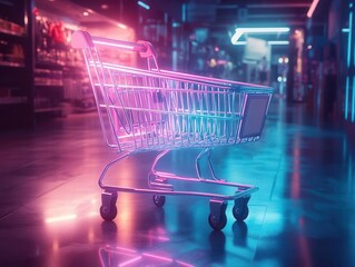 futuristic shopping cart illuminated with dark neon light effects, creating a striking visual representation of modern commerce and technology in a digital age
