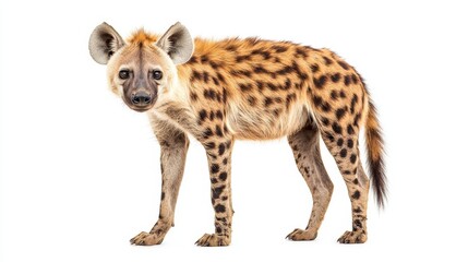 A close-up view of a hyena with distinctive spots and an expressive face, showcasing its unique features and character in a clean background.