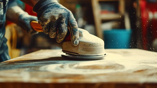 Woodworker Using Sander to Smooth Wooden Surface in Workshop
