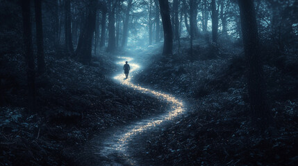 Obraz premium A lone figure walking a winding path through a dark forest, the path glowing faintly, painted in a moody, mysterious digital style