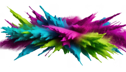 A chaotic crisscross pattern of Holi powder streaks, intertwining with sharp angles in vivid shades of magenta, cyan, and lime green, on a white transparent background PNG