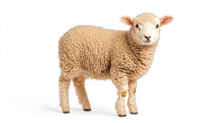 Fototapeta premium A cute and fluffy lamb standing on a white background, showcasing its soft wool and adorable features, perfect for animal lovers and farm themes.