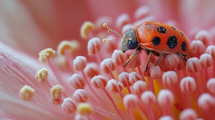 Ladybug on pink flower macro shot.