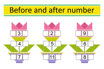 What comes Before and After. Math worksheets for kids. Number range up to 15.