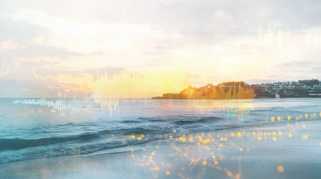 Creative double exposure showing a tranquil beach at sunset with financial graphs representing retirement planning