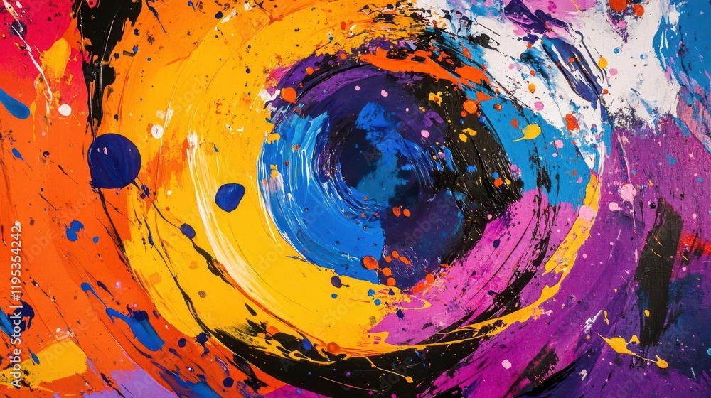 Poster dynamic abstract painting of splashed paint combinations forming a spiral, creating vibrant colors a