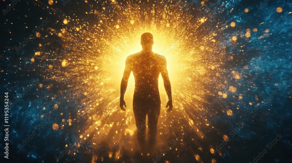 Poster man radiating light in a mystical environment with vibrant colors and glowing particles surrounding 