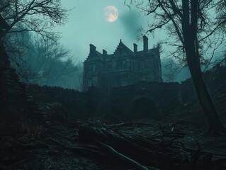 gothic horror scene abandoned victorian mansion deep in misty woods with mysterious moonlight creating eerie shadows through dead trees