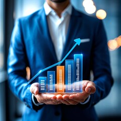 Businessman holding of bar graph with percentage financial banking increase