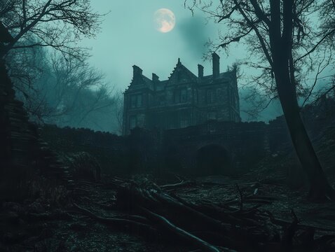 gothic horror scene abandoned victorian mansion deep in misty woods with mysterious moonlight creating eerie shadows through dead trees - Powered by Adobe