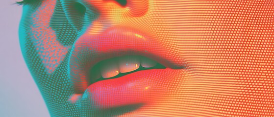 Close-up view of vibrant digital art featuring a stylized woman's lips and facial features against...