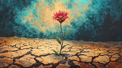 A single flower blooming from dry, cracked earth, painted in a vivid surrealist style, symbolizing hope and renewal in adversity