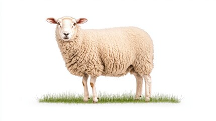 Obraz premium A fluffy white sheep standing on green grass, showcasing its healthy wool and gentle demeanor. Perfect for farming or animal-related themes.