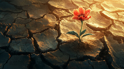 A single flower blooming from dry, cracked earth, painted in a vivid surrealist style, symbolizing hope and renewal in adversity