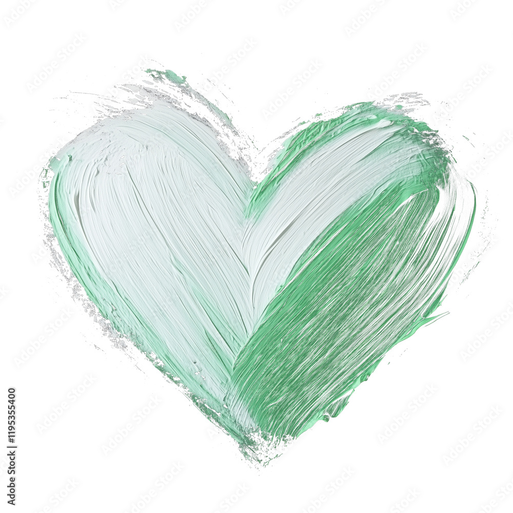 Poster mint green heart painted with soft and minimal strokes on transparency background, conveying simplic