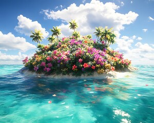 A vibrant tropical island covered in flowers and surrounded by sparkling turquoise waters