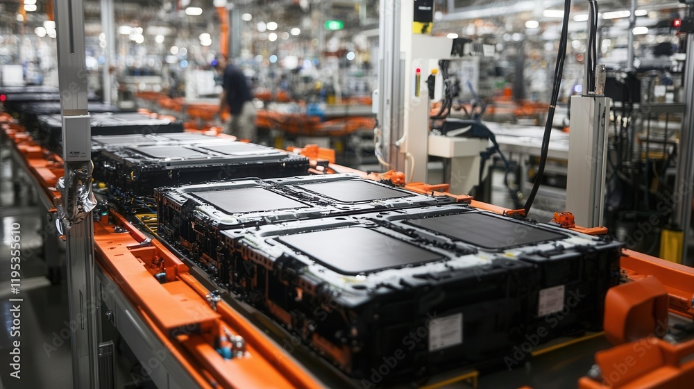 Poster efficient assembly line showcasing automated machinery assembling electric car battery cells, in a b