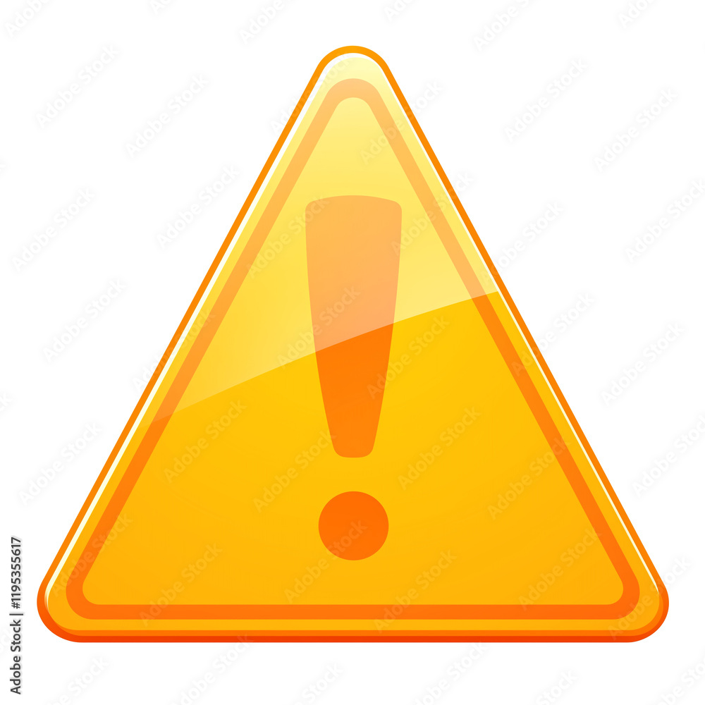 Poster shiny orange caution symbol with sleek finish, featuring bold exclamation mark, isolated on transpar