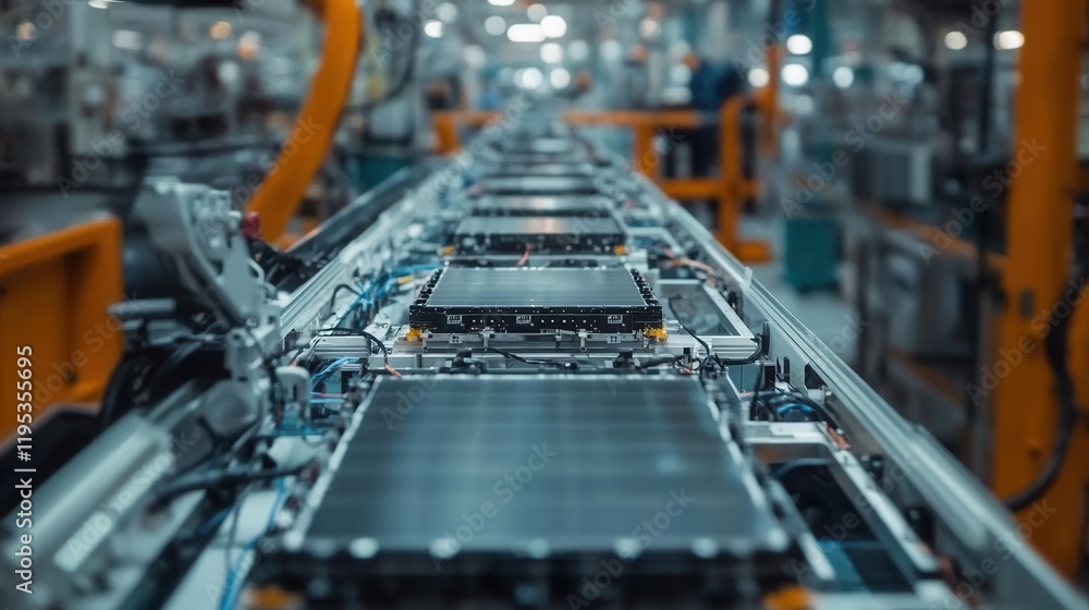 Poster efficient assembly line showcasing automated machinery assembling electric car battery cells, in a b