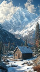 Secluded cabin in a tranquil winter landscape surrounded by majestic mountains and serene trees