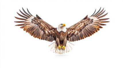 Obraz premium A majestic bald eagle in mid-flight, showcasing its impressive wingspan and powerful presence against a clean white background.